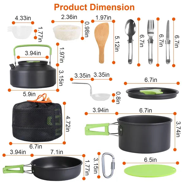 Set Of 16Pcs Camping Cooking Ware Camping Stove Cookware Kit Aluminum Kettle With Bowls Knife Fork Spoon Carabiner Spatula Cutting Board For Hiking Picnic Outdoor