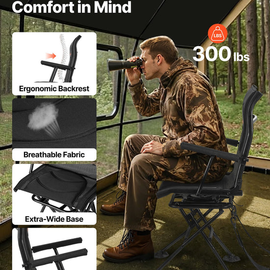 Hunting Chair, 360° Silent Swivel, Foldable Portable Blind Chair, Heavy-Duty Steel Frame Ground Stool Seat, With Armrests, Adjustable Carry Strap, Anti-Sink Feet, 300 Lbs Capacity For Fishing