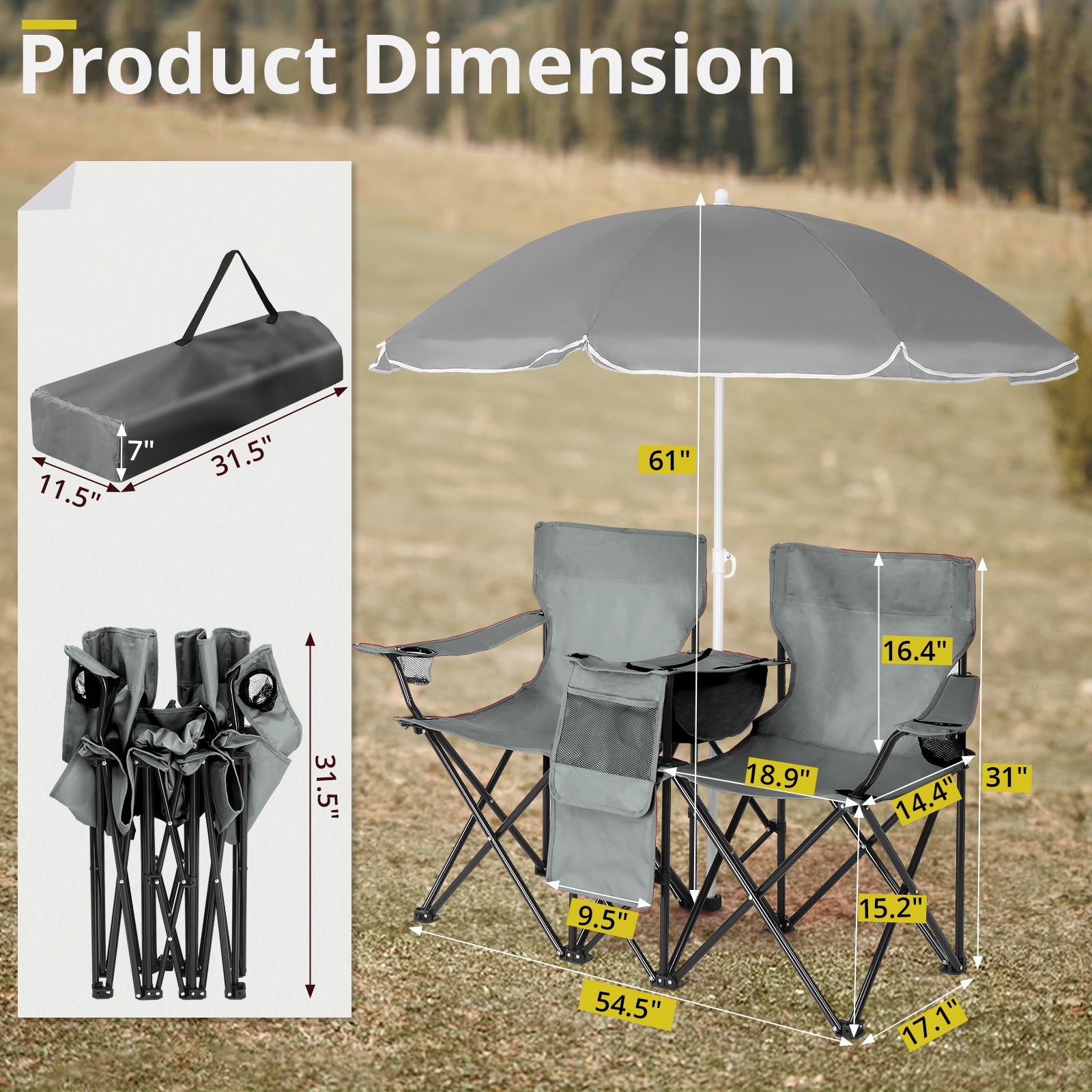 59x19.6x31in, Grey, Fishing Chair, Iron Stand, Oxford Cloth 85kg With Parasol