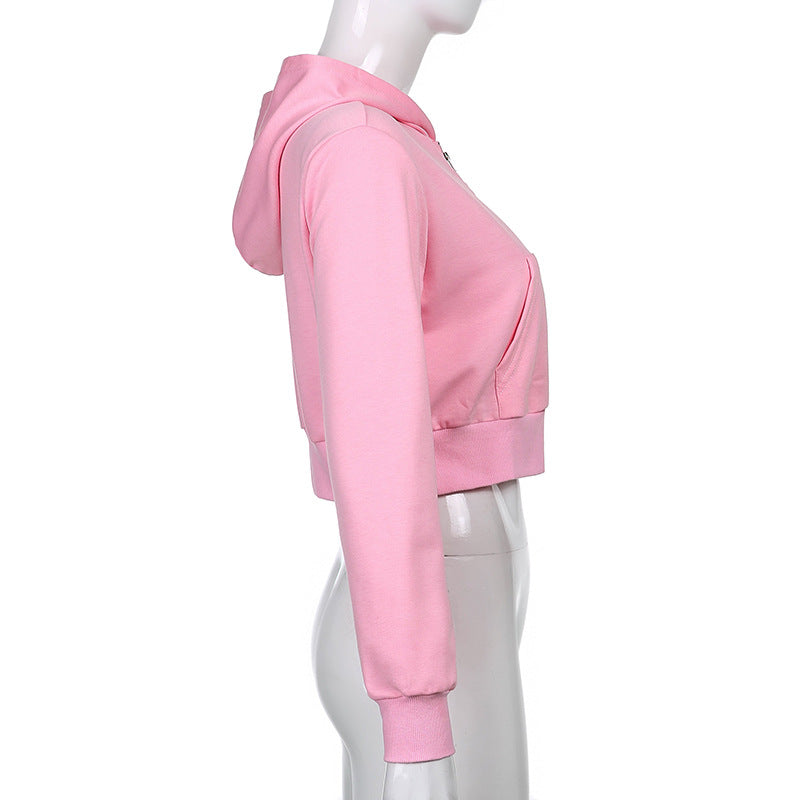 New Women's Winter Short Zipper Cardigan Sweater Pocket Hooded Solid Color Stitching Jacket