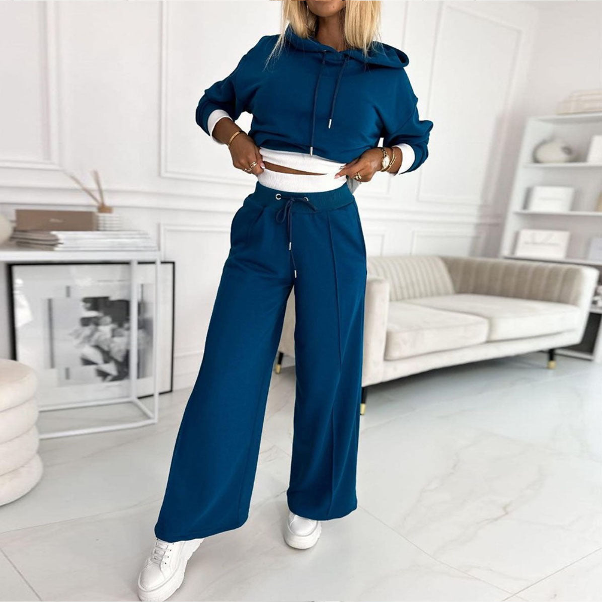 Women's Hoodie Suit Sporty Casual Long-Sleeved Hooded Sweatshirt And Drawstring Pocket Sweatpants Fashion Commuter Trousers Set