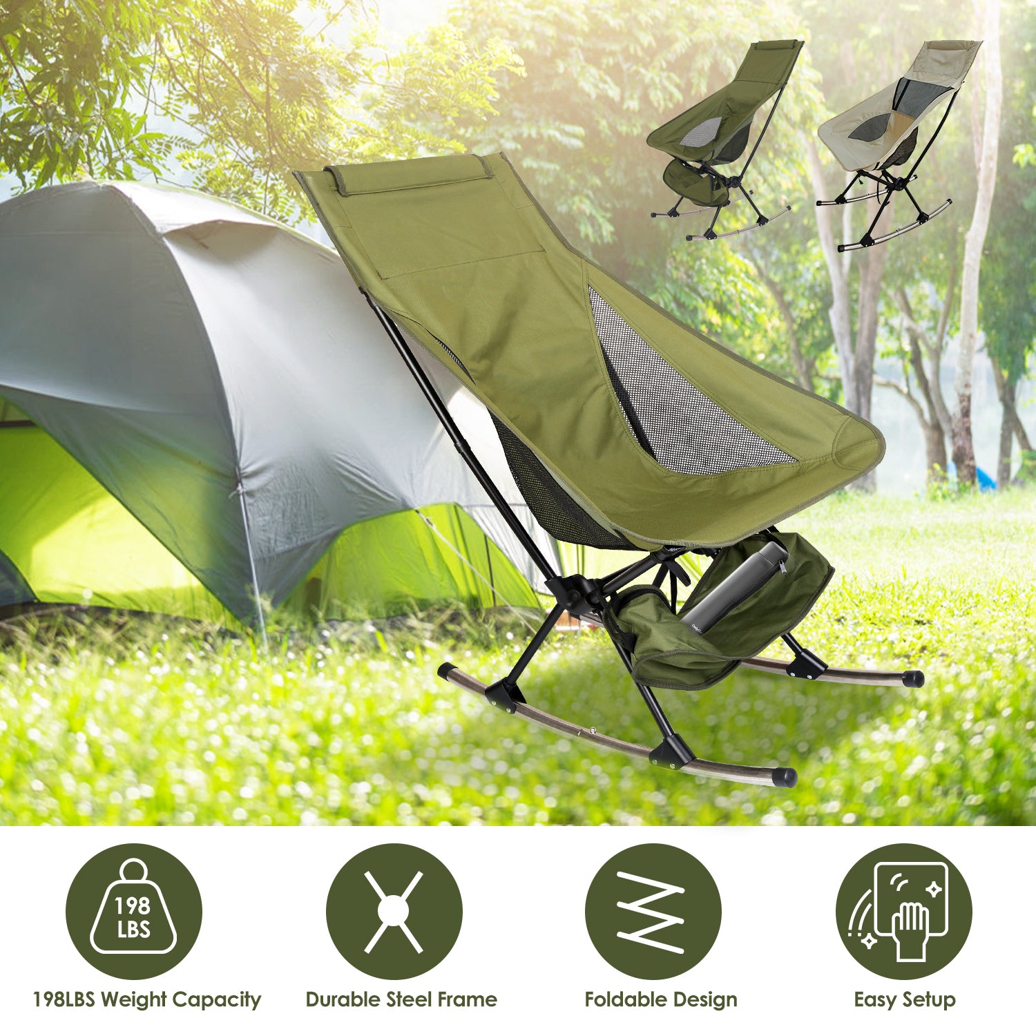 1Pc Portable Camping Rocking Chair 198LBS Weight Capacity Included Carry Bag High Back Rocker Chair For Patio Fishing Beach Lawn Travel