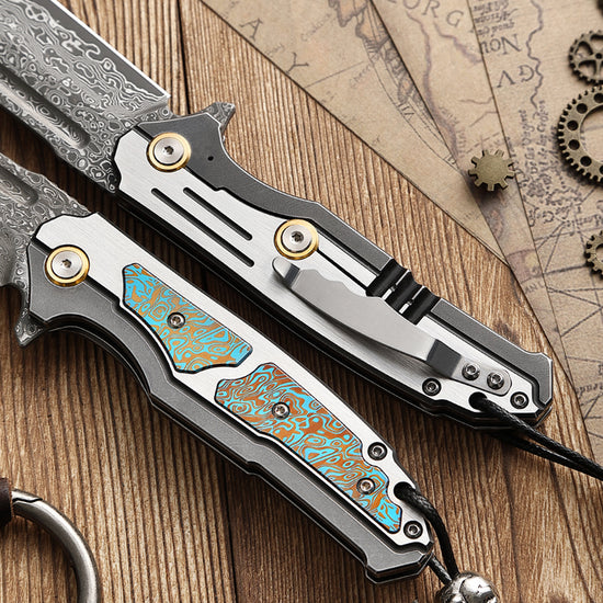 Damascus Steel Folding Knife, Outdoor Survival Knife