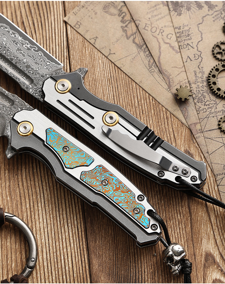 Damascus Steel Folding Knife, Outdoor Survival Knife