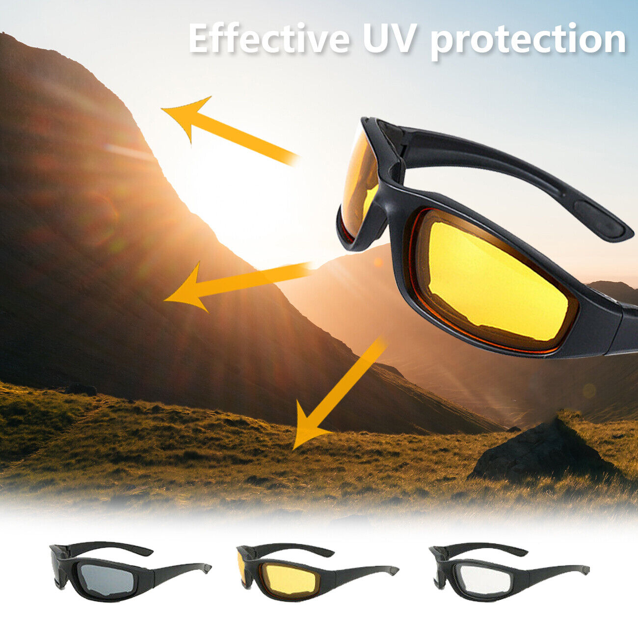 Cycling Sunglasses Chopper Outdoor Sports Glasses UV400 Protection For Fishing Driving Glasses Wind Resistant Clear Yellow Gray Lens 3 Pack