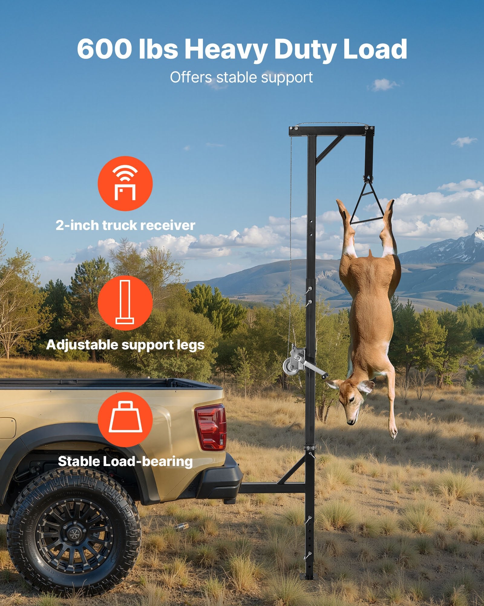 Truck Hitch Game Hoist, 600 Lbs Load Capacity, Hunting Deer Hoist With 2-inch Receiver, 360-Degree Swivel Shaft & Adjustable Height, Includes Gambrel Winch For Skinning & Cleaning Game