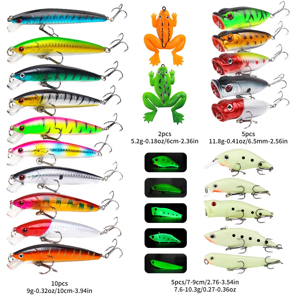 22pcs 1set Hard Lure Bait Soft Frog Popper Minnow Pencil VIB Luminous Lure Kit Durable Hooks Realistic Action