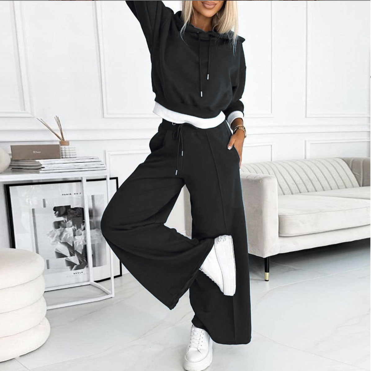 Women's Hoodie Suit Sporty Casual Long-Sleeved Hooded Sweatshirt And Drawstring Pocket Sweatpants Fashion Commuter Trousers Set