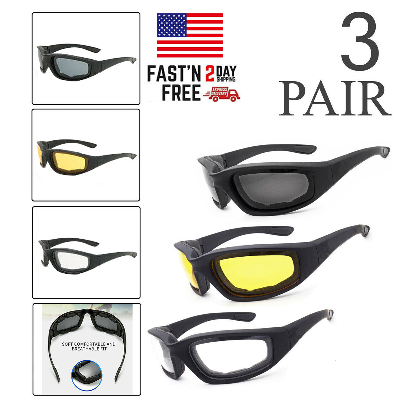 Cycling Sunglasses Chopper Outdoor Sports Glasses UV400 Protection For Fishing Driving Glasses Wind Resistant Clear Yellow Gray Lens 3 Pack