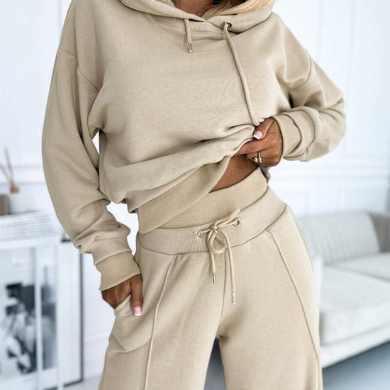 Women's Hoodie Suit Sporty Casual Long-Sleeved Hooded Sweatshirt And Drawstring Pocket Sweatpants Fashion Commuter Trousers Set