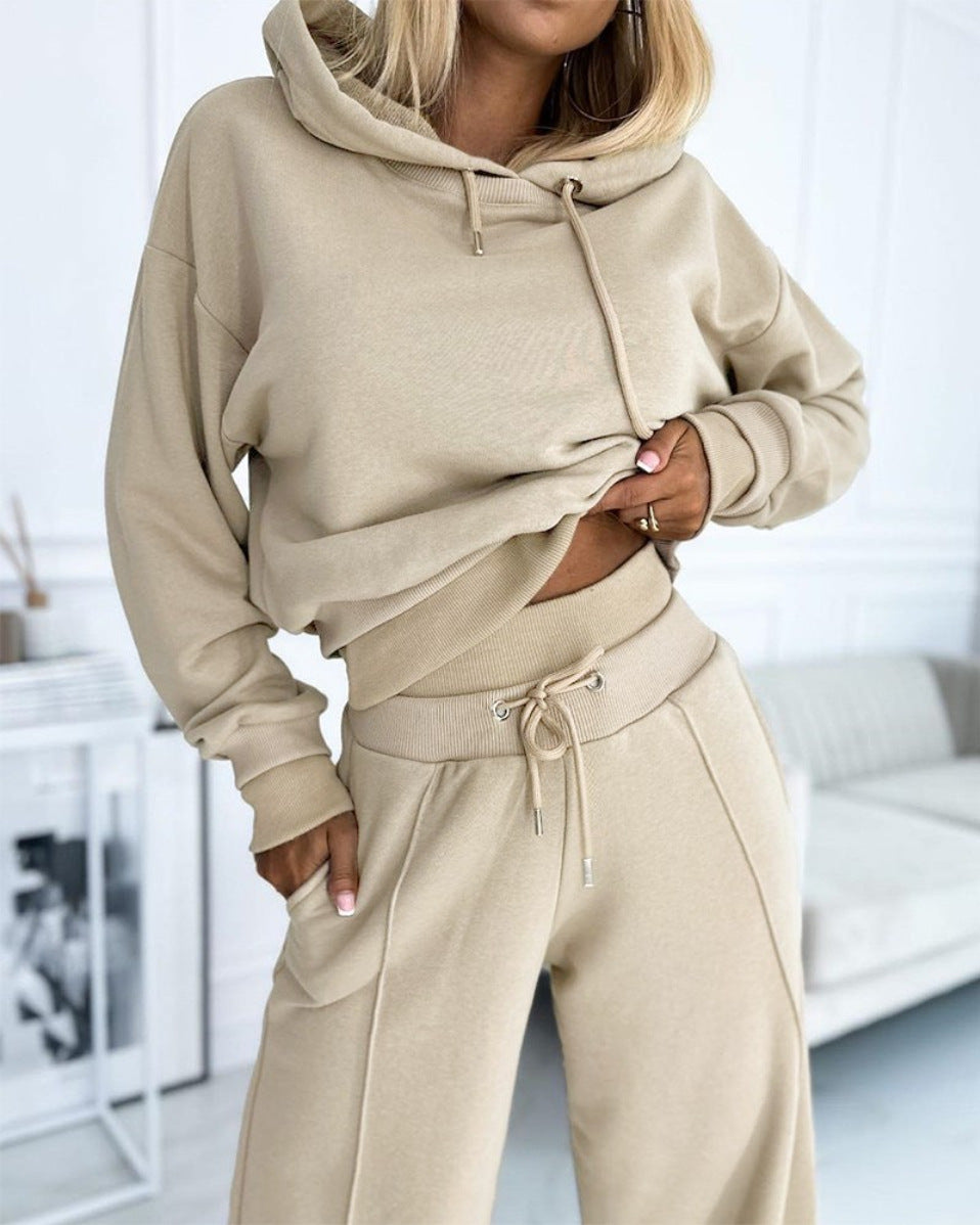 Women's Hoodie Suit Sporty Casual Long-Sleeved Hooded Sweatshirt And Drawstring Pocket Sweatpants Fashion Commuter Trousers Set
