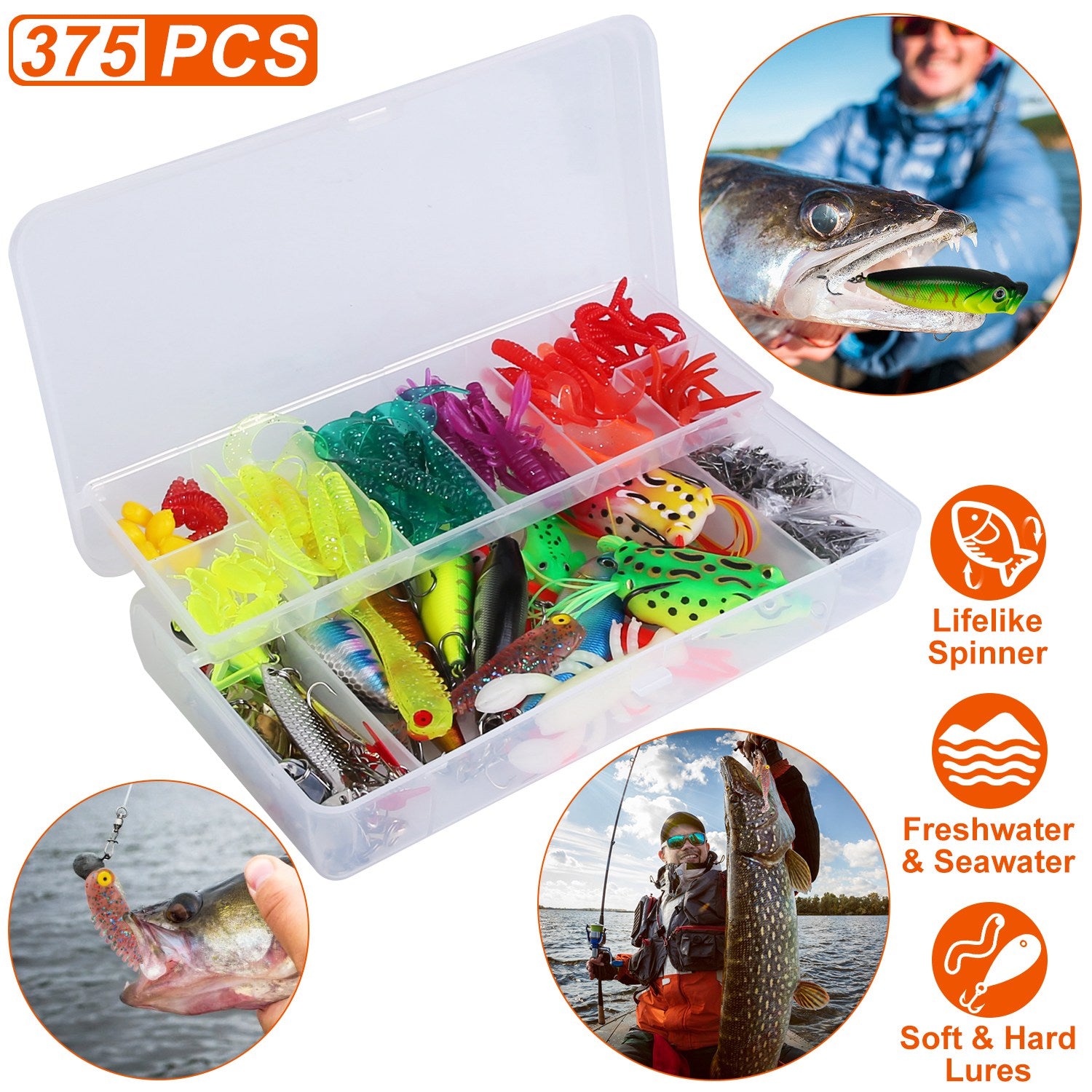 375Pcs Fishing Baits And Tackle Box Saltwater Freshwater Fishing Lures Kit