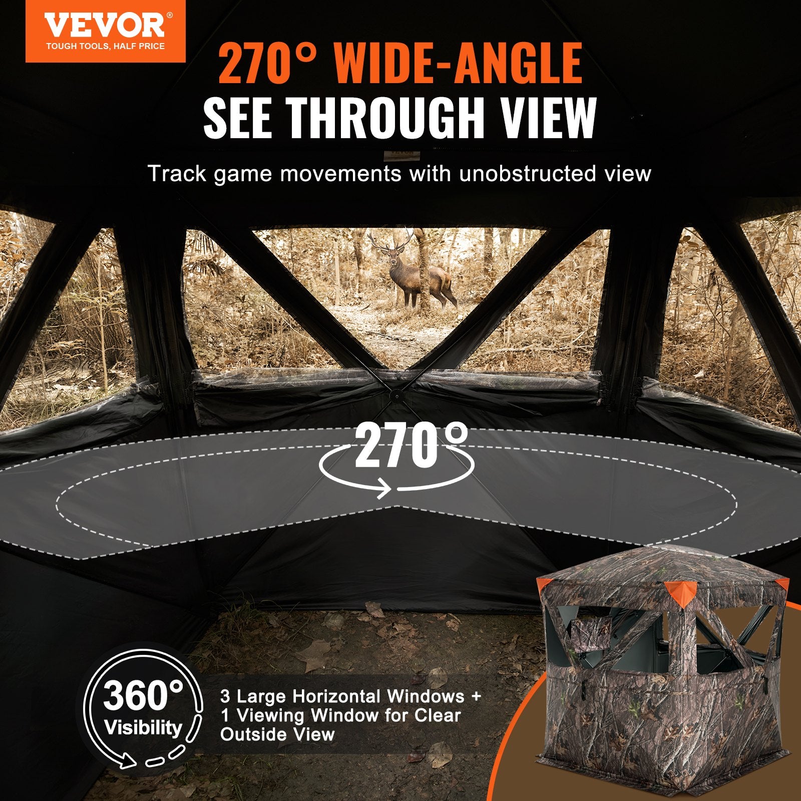 Hunting Blind, 270° See Through Ground Blind, 2-3 Person Pop Up Deer Blind For Hunting With Carrying Bag, Portable Resilient Hunting Tent, 3 Horizontal Windows For Turkey And Deer Hunting