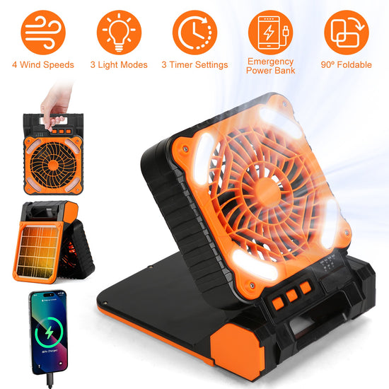 1Pc Solar Camping Fan With LED Lantern 5200mAh Rechargeable Battery Operated Portable Fan With Emergency Power Bank 4 Wind Speeds 3 Light Modes For Hiking Fishing Travel