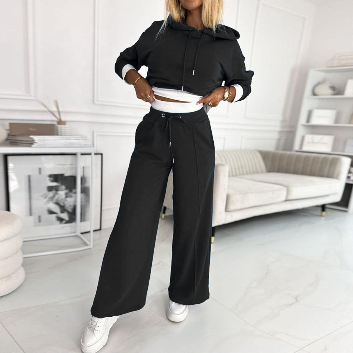 Women's Hoodie Suit Sporty Casual Long-Sleeved Hooded Sweatshirt And Drawstring Pocket Sweatpants Fashion Commuter Trousers Set