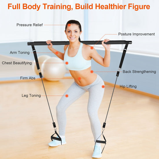 100LBS OR 180LBS Band Options - 1Pc Pilates Bar Kit Multifunctional Pilates Yoga Toning Bar Full Body Exercise Equipment Set