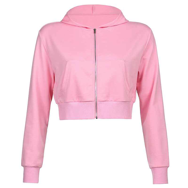 New Women's Winter Short Zipper Cardigan Sweater Pocket Hooded Solid Color Stitching Jacket