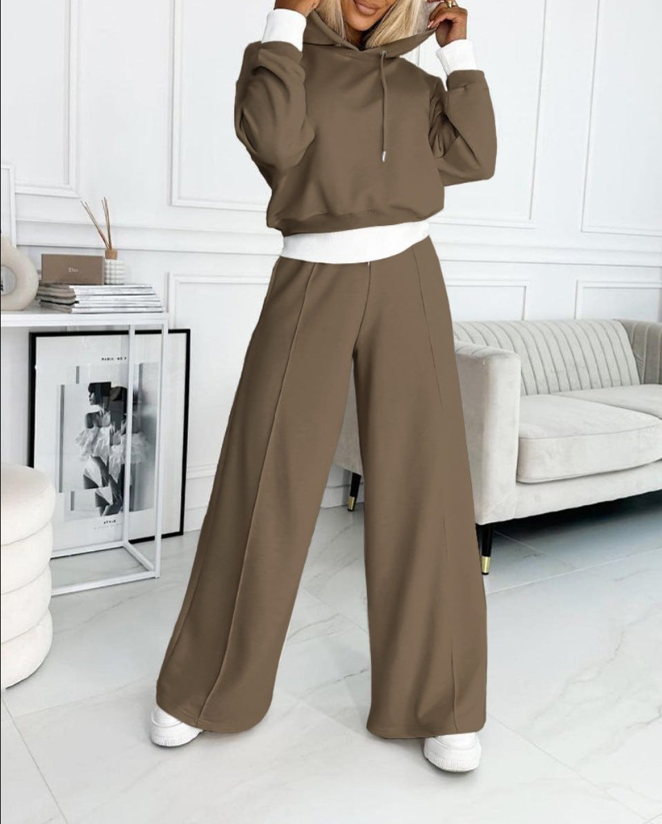 Women's Hoodie Suit Sporty Casual Long-Sleeved Hooded Sweatshirt And Drawstring Pocket Sweatpants Fashion Commuter Trousers Set