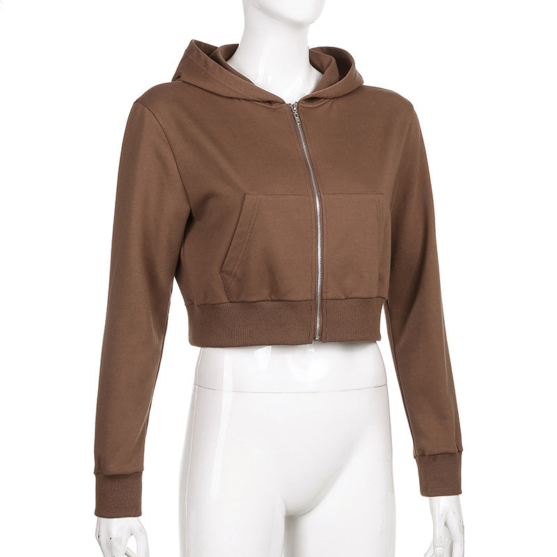 New Women's Winter Short Zipper Cardigan Sweater Pocket Hooded Solid Color Stitching Jacket