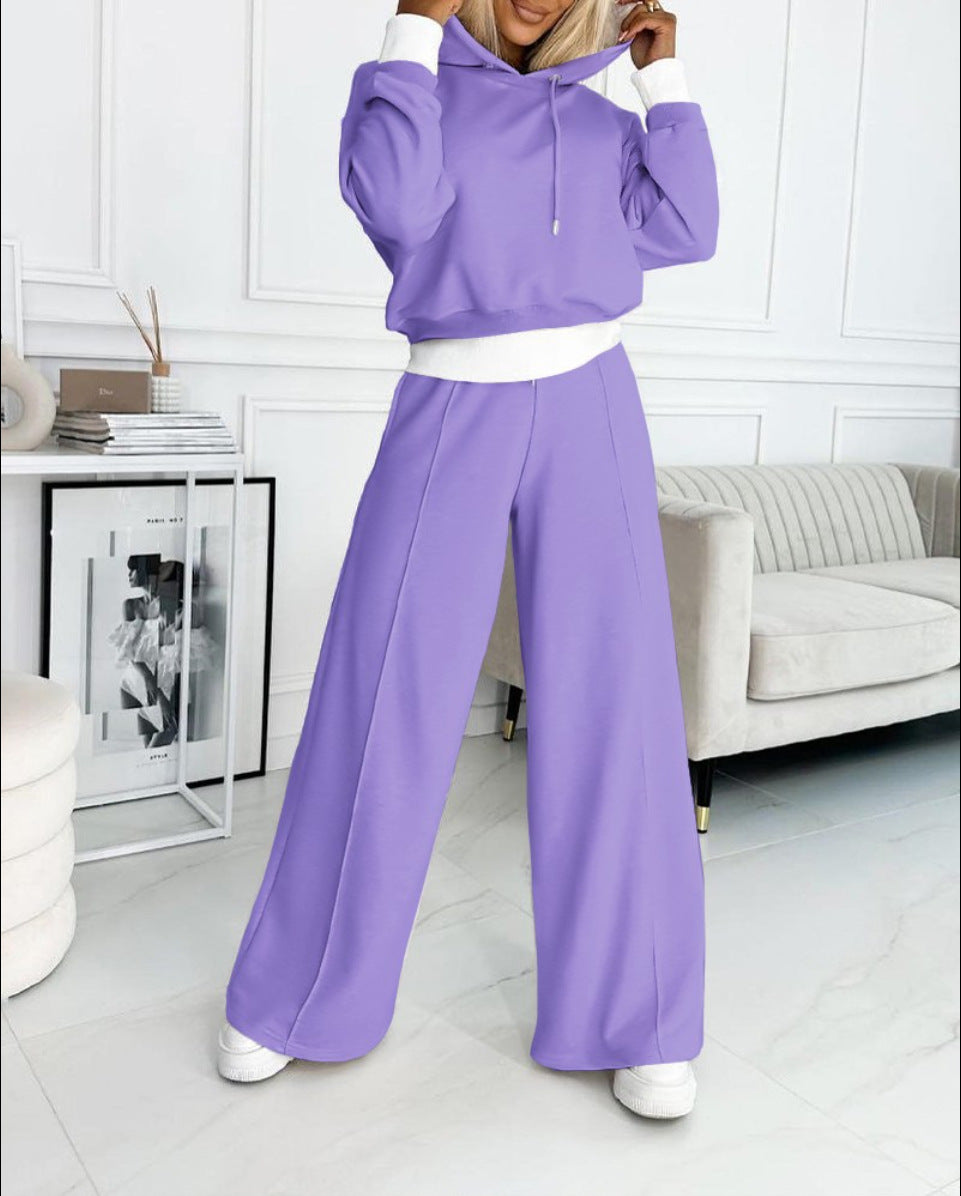 Women's Hoodie Suit Sporty Casual Long-Sleeved Hooded Sweatshirt And Drawstring Pocket Sweatpants Fashion Commuter Trousers Set