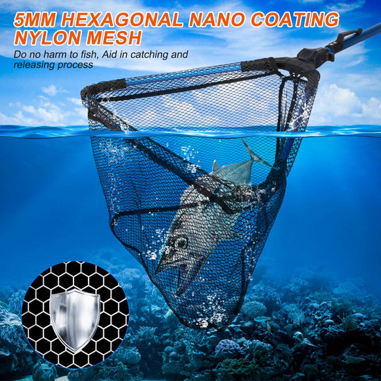 1Pc Foldable Fishing Net With Aluminum Alloy Rod EVA Handle Durable 5MM Hexagonal Nano Coating Nylon Mesh Collapsible Landing Net Safe Fish Catching Or Releasing