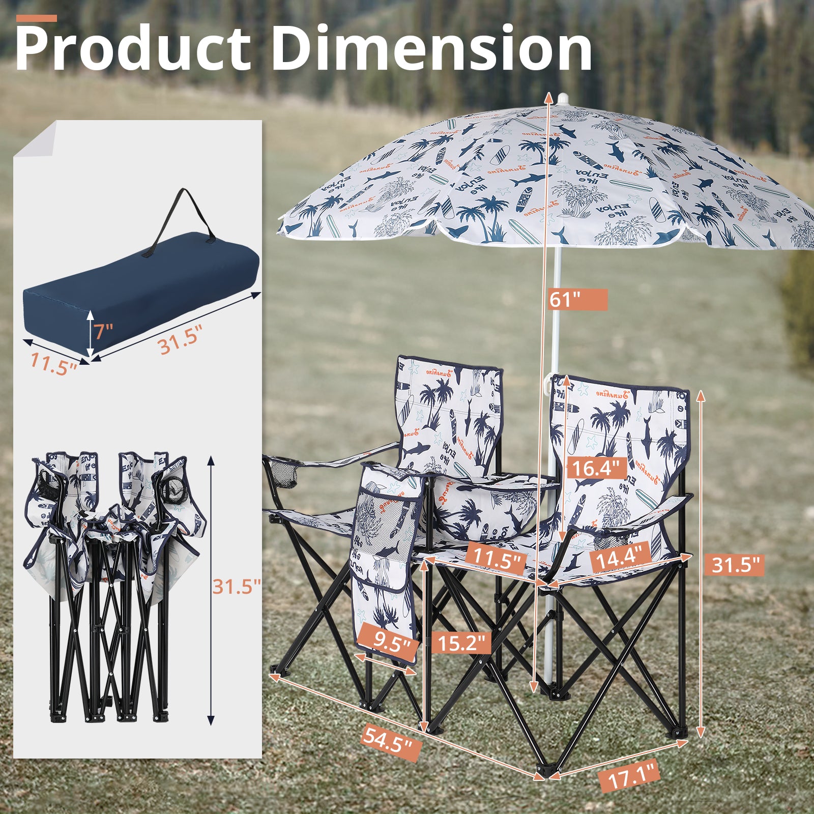 59x19.6x31in, Coconut Tree Pattern, Fishing Chair With Parasol, Camping Chairs
