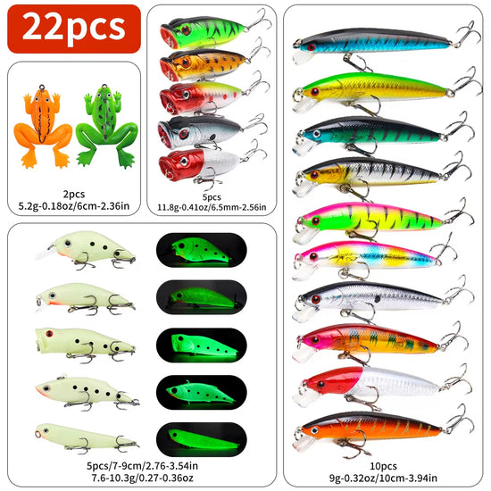 22pcs 1set Hard Lure Bait Soft Frog Popper Minnow Pencil VIB Luminous Lure Kit Durable Hooks Realistic Action