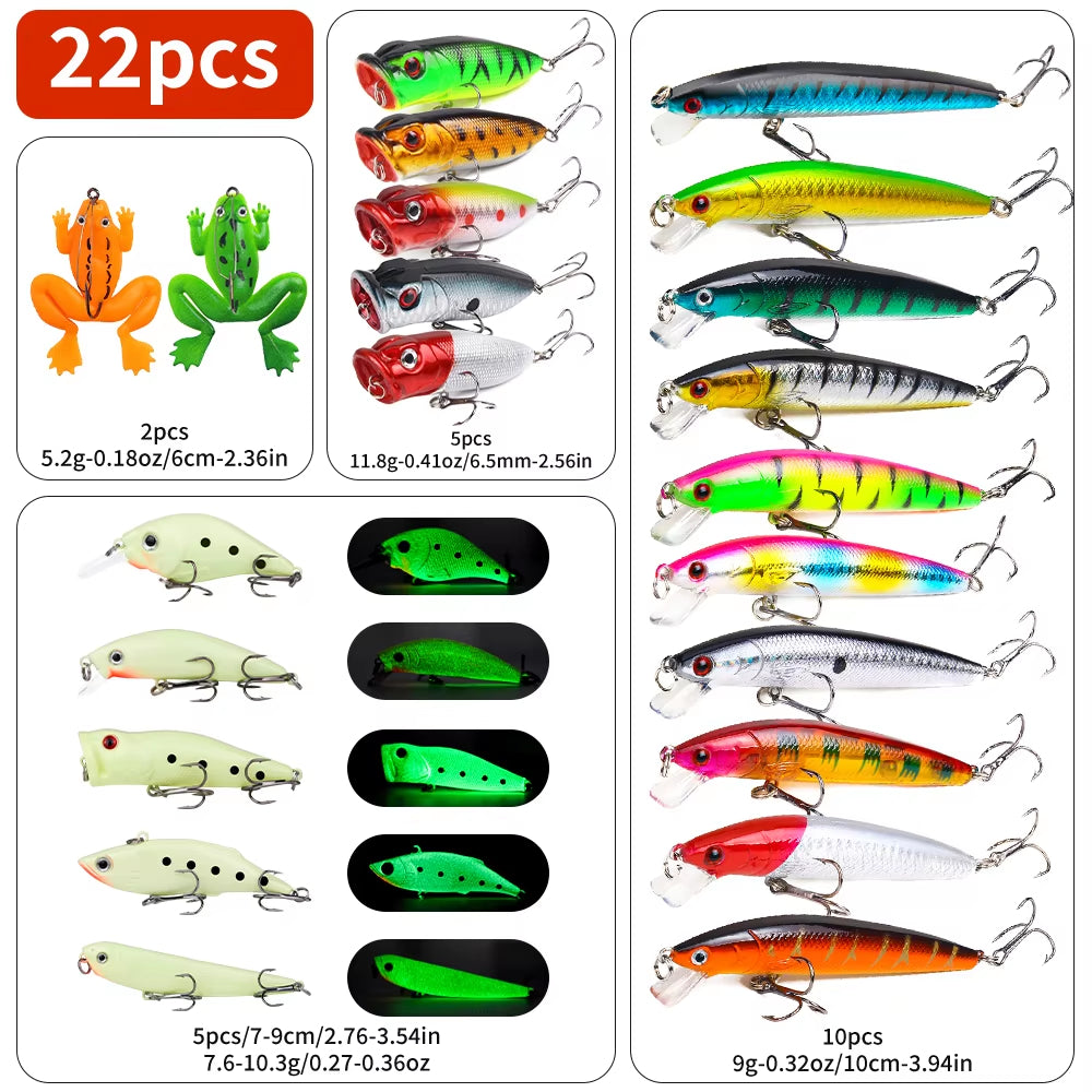22pcs 1set Hard Lure Bait Soft Frog Popper Minnow Pencil VIB Luminous Lure Kit Durable Hooks Realistic Action