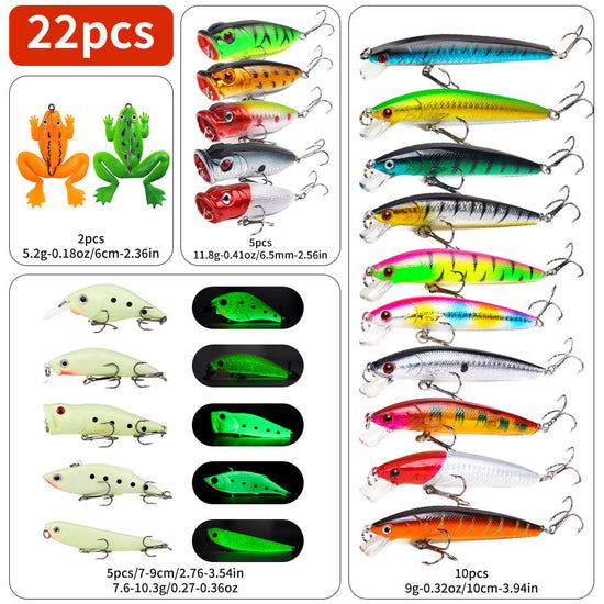 22-piece Set Hard Lure Soft Frog Popper Minnow Pencil VIB Luminous Bait Set Durable Hooks Realistic Action Ideal