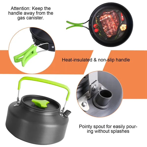Set Of 16Pcs Camping Cooking Ware Camping Stove Cookware Kit Aluminum Kettle With Bowls Knife Fork Spoon Carabiner Spatula Cutting Board For Hiking Picnic Outdoor
